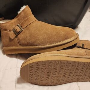PAWZ Chestnut Suede Ankle Booties with Faux Shearling Trim